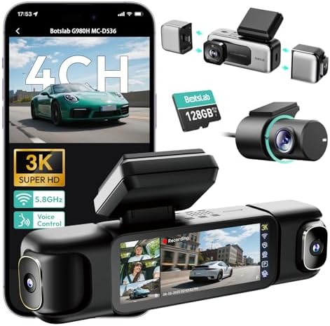 BOTSLAB 4 Channel 3K Dash Cam, 560° All-Sides View, 3.18" Touch Screen, 3K/4K Front and 1080P Rear Inside, Vocie Control, 5.8GHz WiFi Car Camera, G-Sensor, GPS, 24/7 Parking Monitor, 128GB SD Card