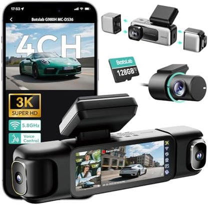 BOTSLAB 4 Channel 3K Dash Cam, 560° All-Sides View, 3.18" Touch Screen, 3K/4K Front and 1080P Rear Inside, Vocie Control, 5.8GHz WiFi Car Camera, G-Sensor, GPS, 24/7 Parking Monitor, 128GB SD Card