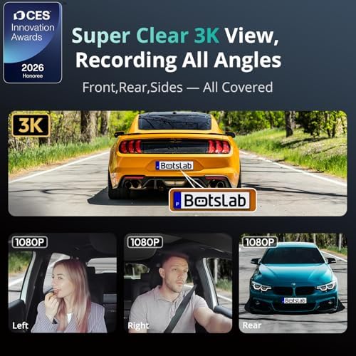BOTSLAB 4 Channel 3K Dash Cam, 560° All-Sides View, 3.18" Touch Screen, 3K/4K Front and 1080P Rear Inside, Vocie Control, 5.8GHz WiFi Car Camera, G-Sensor, GPS, 24/7 Parking Monitor, 128GB SD Card